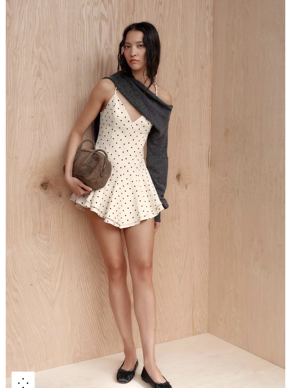 Zara Cream Mini Dress with Black Polka Dots and V-Neck